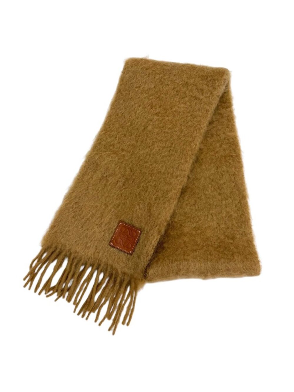 Loewe a Mohair Wool Blend Leather Anagram Patch with Fringe Scarf Brown
